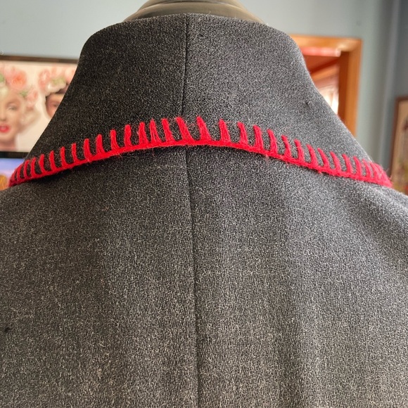 Dana Buchman button down dark gray with red trim light wool long spring jacket - Picture 8 of 14